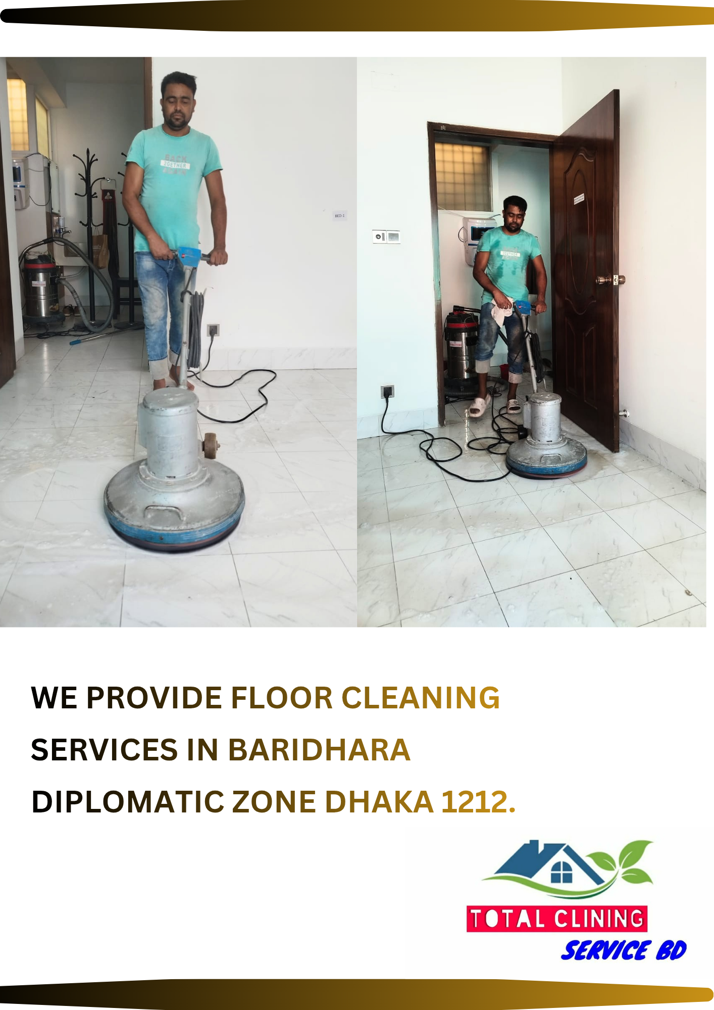 Professional floor cleaning service in Baridhara Diplomatic Zone Dhaka 1212 using floor scrubbing machine by Total Cleaning Service BD.