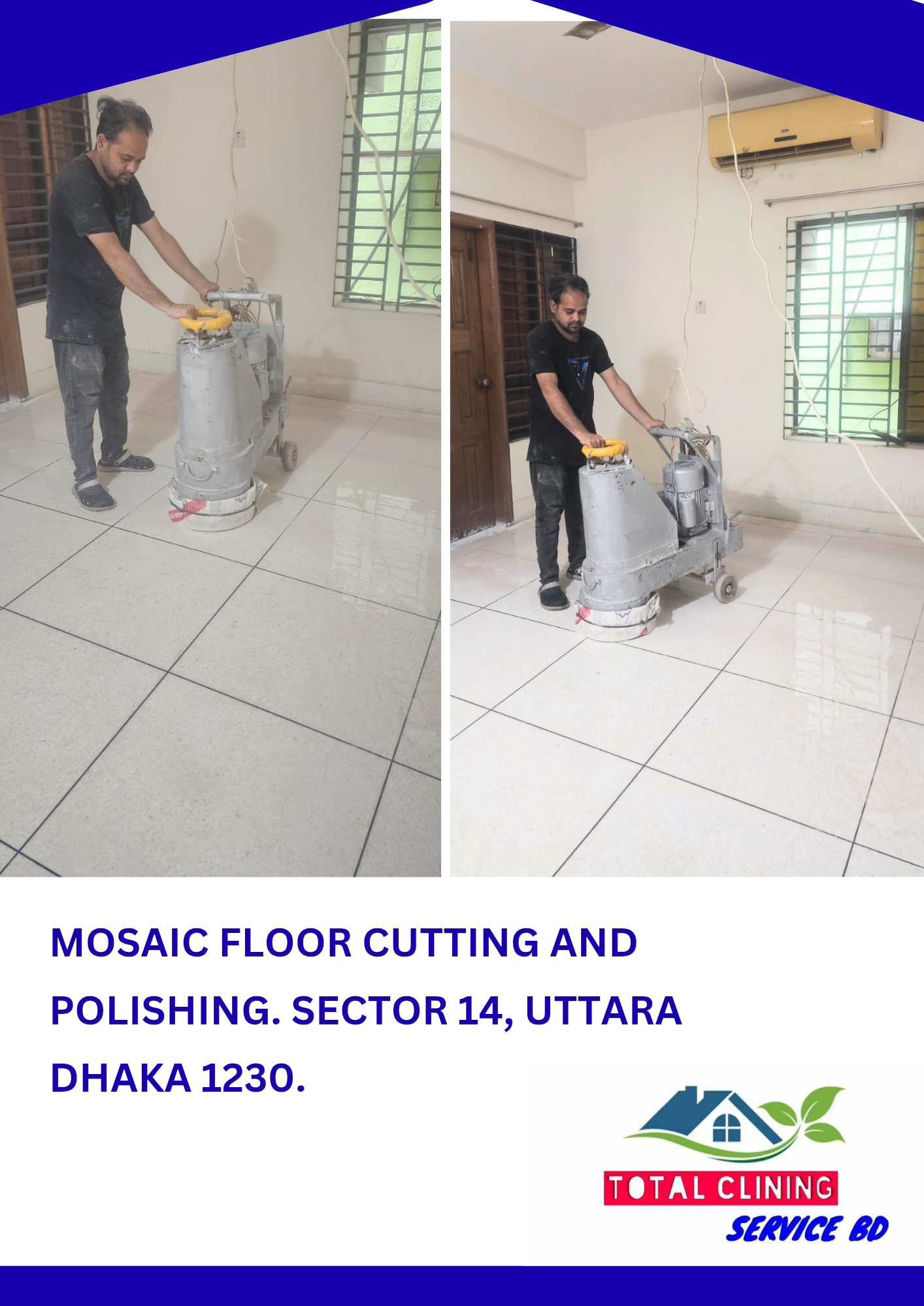 Professional mosaic floor cutting and polishing service in Uttara Sector 14 Dhaka 1230 by Total Cleaning Service BD using floor polishing machine.