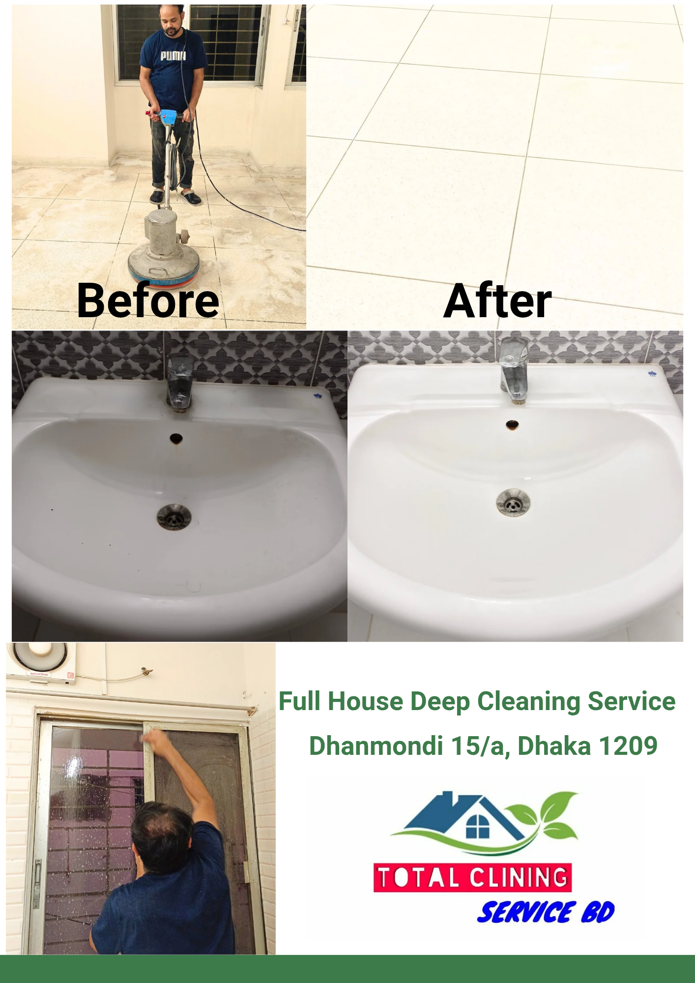 Full house deep cleaning before after Dhaka Dhanmondi floor bathroom basin cleaning Total Cleaning Service BD