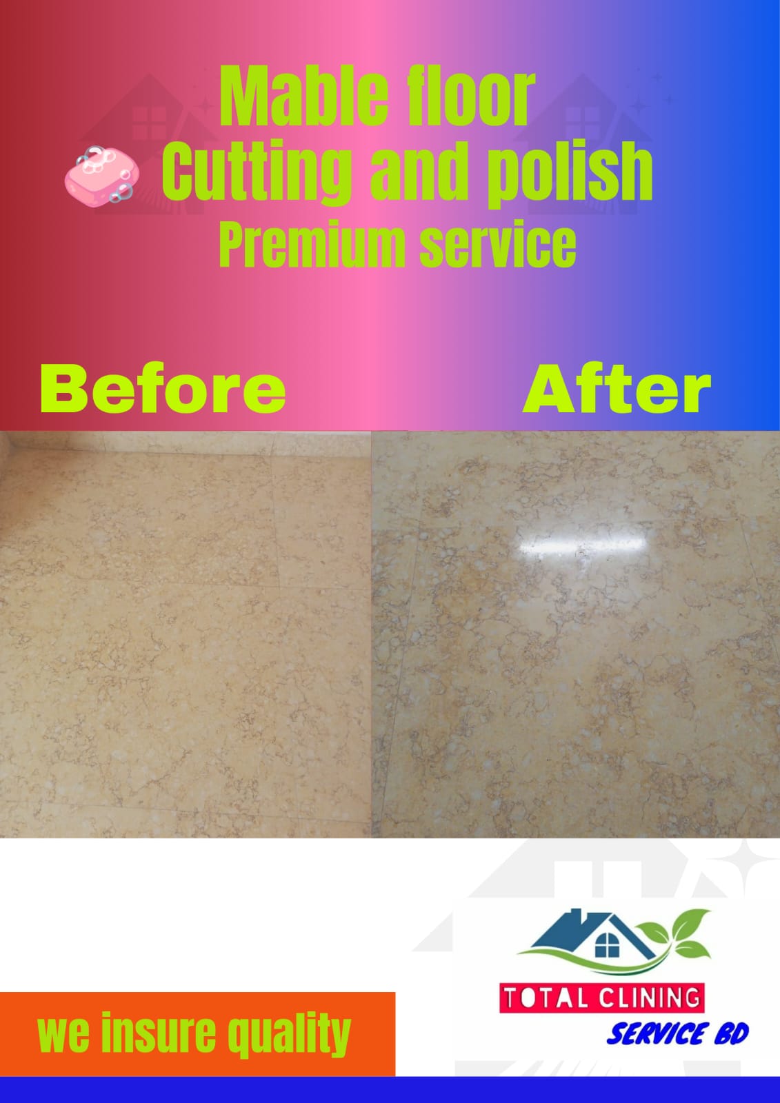 Marble floor cutting and polishing service in Dhaka by Total Cleaning Services BD